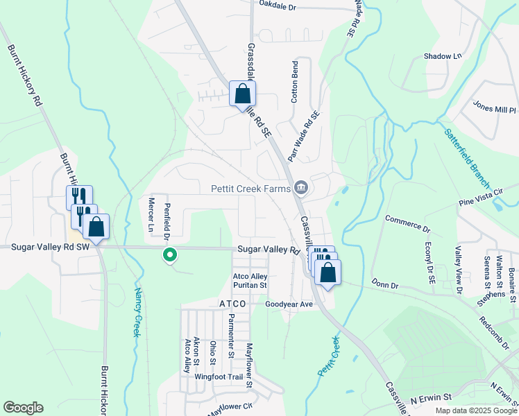 map of restaurants, bars, coffee shops, grocery stores, and more near 17 Mercer Lane in Cartersville