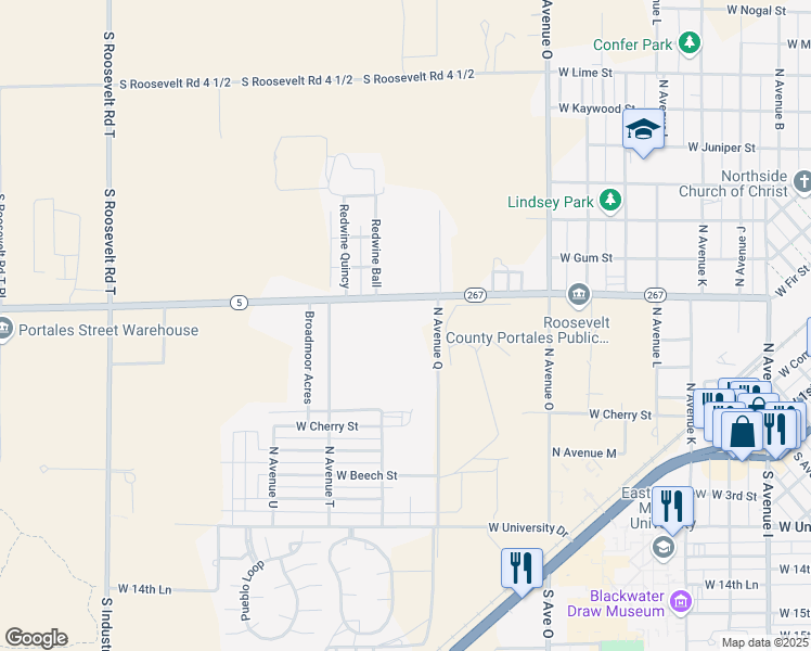 map of restaurants, bars, coffee shops, grocery stores, and more near 613 North Avenue Q in Portales