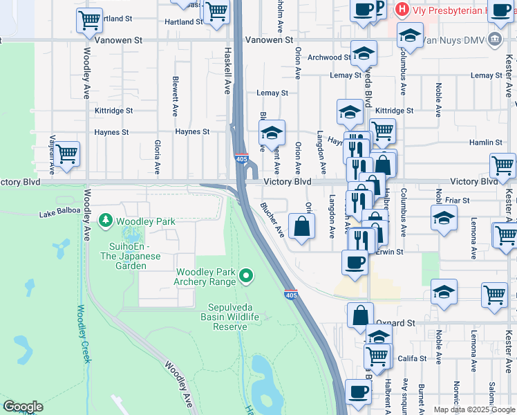 map of restaurants, bars, coffee shops, grocery stores, and more near 6321 Blucher Avenue in Los Angeles