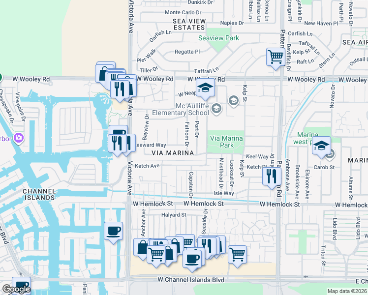 map of restaurants, bars, coffee shops, grocery stores, and more near 1511 Fathom Drive in Oxnard