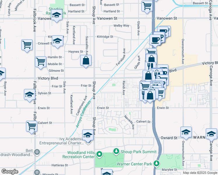 map of restaurants, bars, coffee shops, grocery stores, and more near 22240 Victory Boulevard in Los Angeles