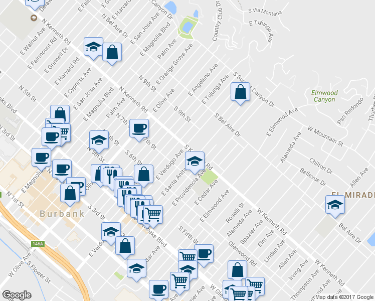map of restaurants, bars, coffee shops, grocery stores, and more near 422 South Kenneth Road in Burbank