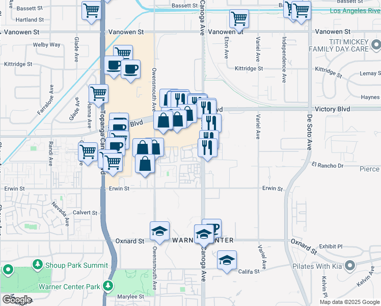 map of restaurants, bars, coffee shops, grocery stores, and more near 6333 Canoga Avenue in Los Angeles