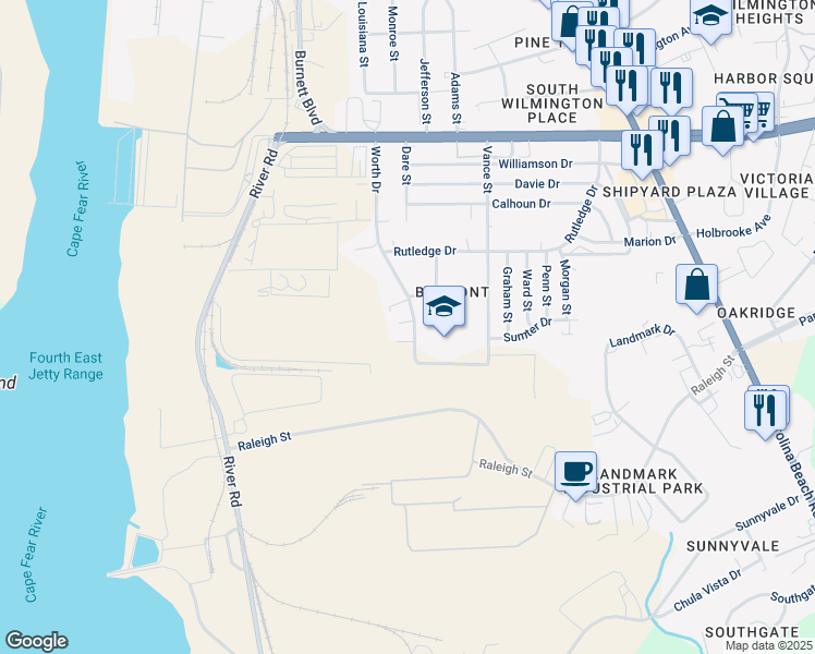 map of restaurants, bars, coffee shops, grocery stores, and more near 2878 Worth Drive in Wilmington