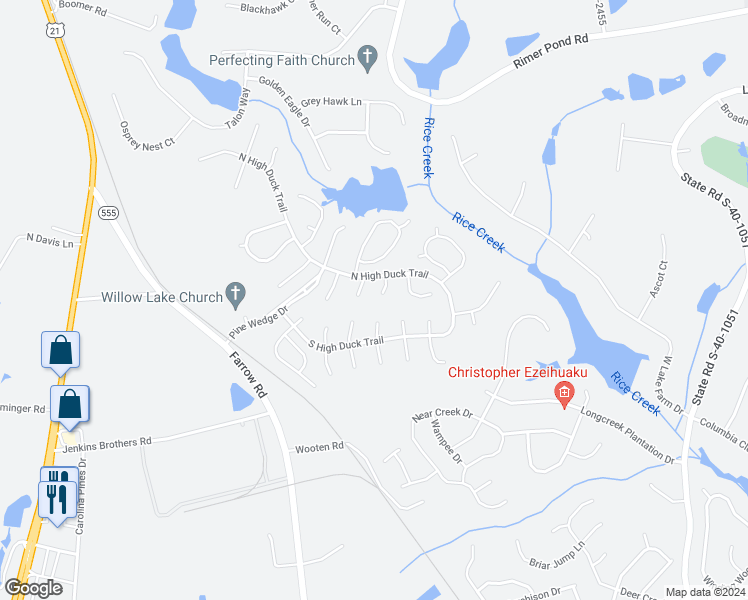 map of restaurants, bars, coffee shops, grocery stores, and more near 38 Oak Lake Court in Blythewood