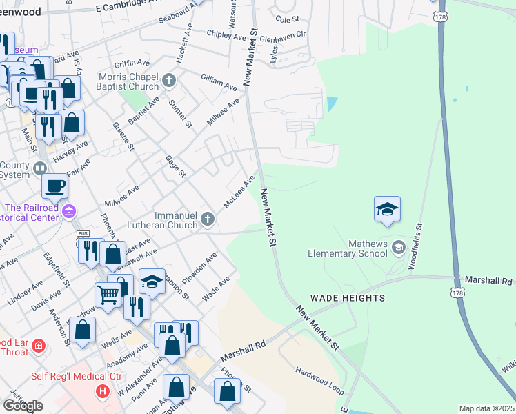 map of restaurants, bars, coffee shops, grocery stores, and more near 581 East Creswell Avenue in Greenwood