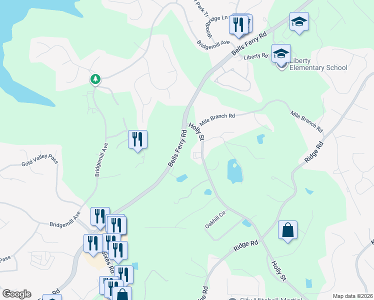 map of restaurants, bars, coffee shops, grocery stores, and more near 9670 Bells Ferry Road in Canton