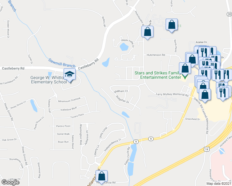 map of restaurants, bars, coffee shops, grocery stores, and more near 4306 Shillham Court in Cumming