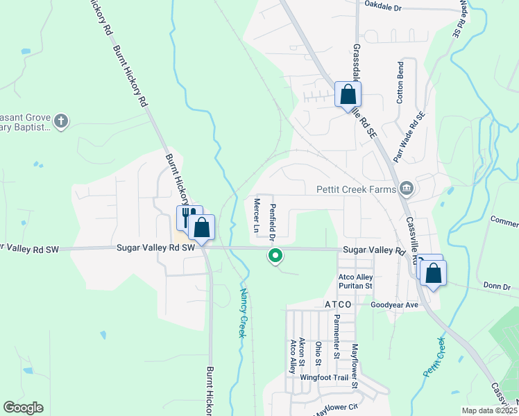 map of restaurants, bars, coffee shops, grocery stores, and more near 98 Mercer Lane in Cartersville