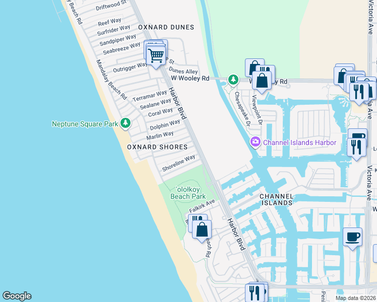 map of restaurants, bars, coffee shops, grocery stores, and more near 4825 Shoreline Way in Oxnard