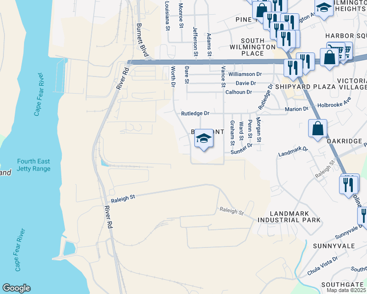map of restaurants, bars, coffee shops, grocery stores, and more near 2878 Worth Drive in Wilmington