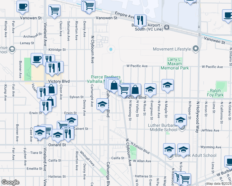 map of restaurants, bars, coffee shops, grocery stores, and more near 105501/2 Victory Boulevard in Los Angeles