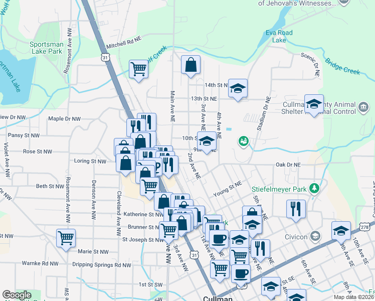 map of restaurants, bars, coffee shops, grocery stores, and more near 806-898 2nd Avenue Northeast in Cullman
