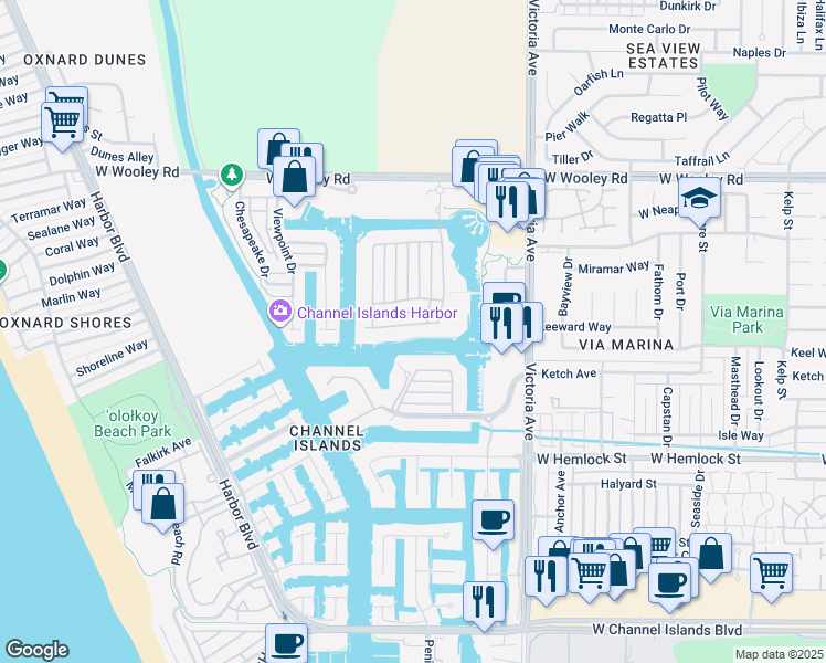 map of restaurants, bars, coffee shops, grocery stores, and more near 4104 Caribbean Street in Oxnard