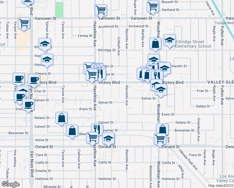 map of restaurants, bars, coffee shops, grocery stores, and more near 6319 Colbath Avenue in Los Angeles