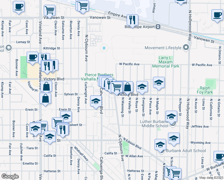 map of restaurants, bars, coffee shops, grocery stores, and more near 1053 Auckland Avenue in Los Angeles