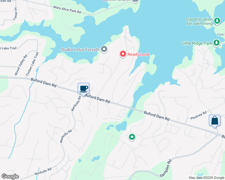 map of restaurants, bars, coffee shops, grocery stores, and more near 1845 Ridge Road in Cumming