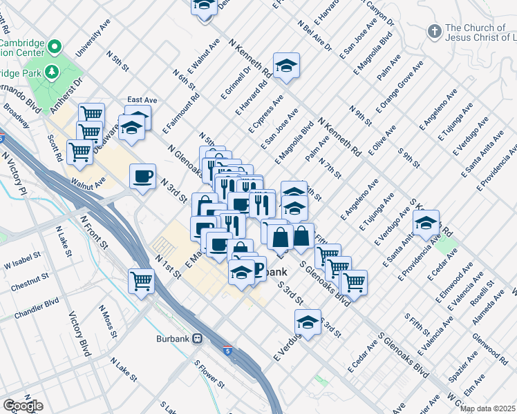 map of restaurants, bars, coffee shops, grocery stores, and more near in Burbank