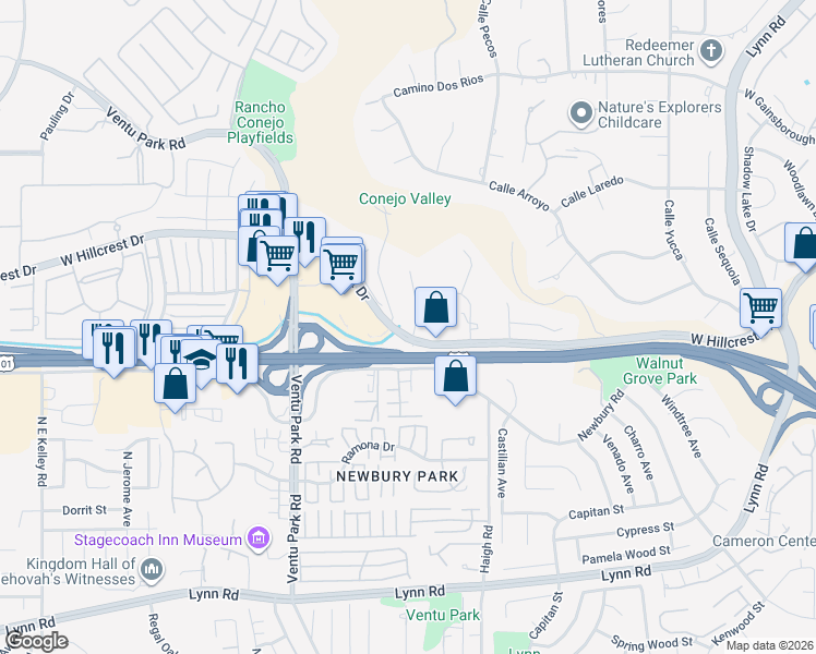 map of restaurants, bars, coffee shops, grocery stores, and more near 505 Citation Way in Thousand Oaks