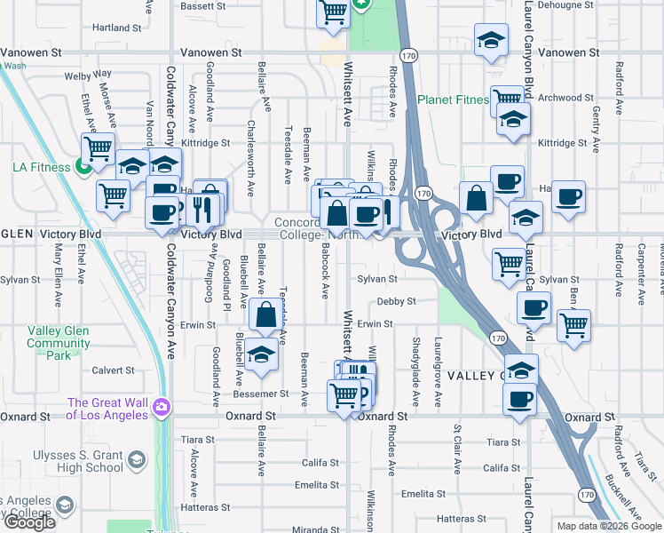 map of restaurants, bars, coffee shops, grocery stores, and more near 6316 Babcock Avenue in Los Angeles