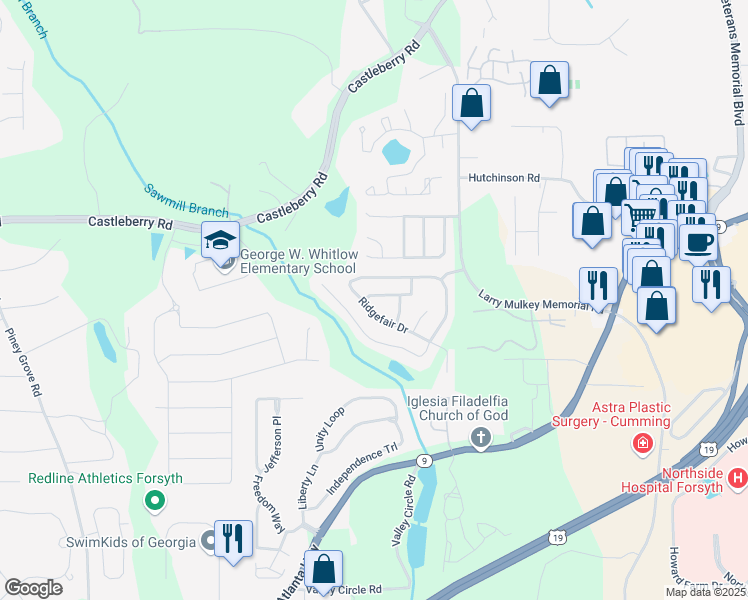 map of restaurants, bars, coffee shops, grocery stores, and more near 4308 Shillham Court in Cumming
