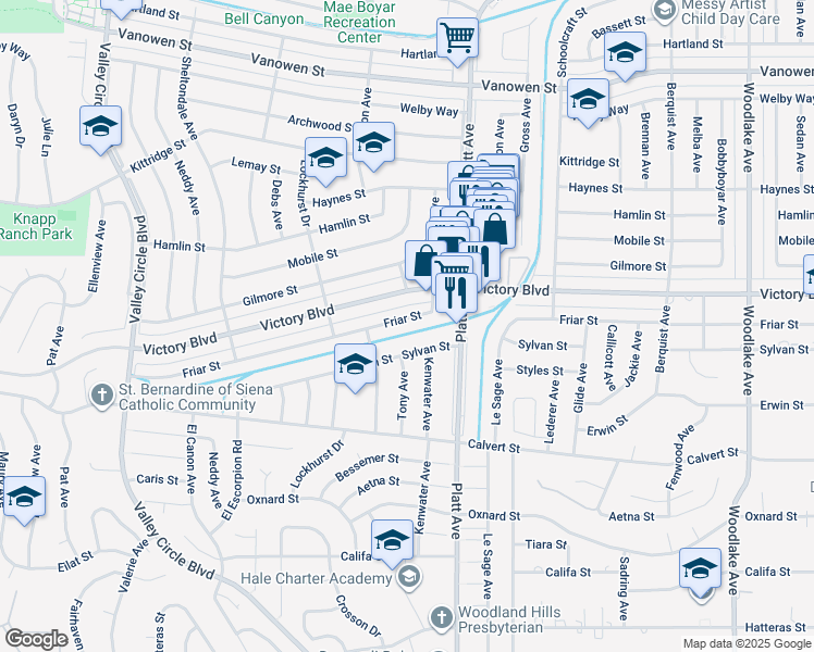 map of restaurants, bars, coffee shops, grocery stores, and more near 23830 Friar Street in Los Angeles
