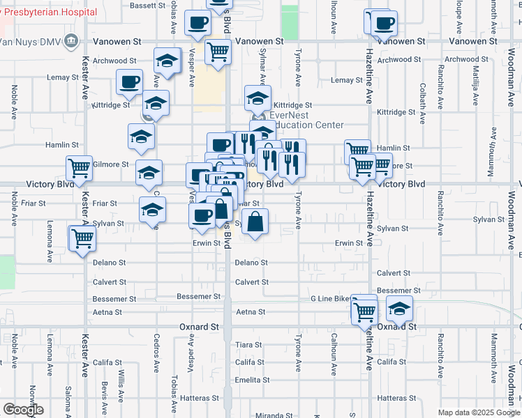 map of restaurants, bars, coffee shops, grocery stores, and more near 14400 Friar Street in Los Angeles