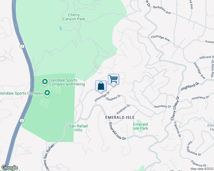 map of restaurants, bars, coffee shops, grocery stores, and more near 2427 Flintridge Drive in Glendale