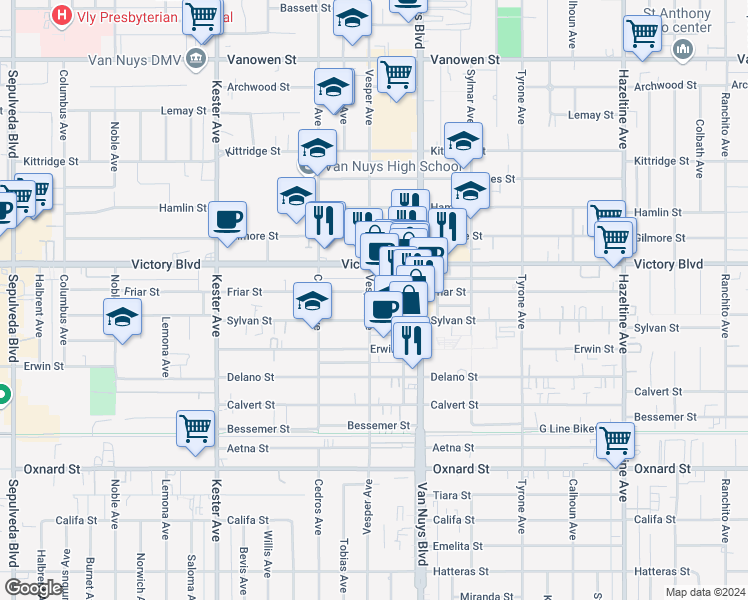 map of restaurants, bars, coffee shops, grocery stores, and more near 14554 Friar Street in Los Angeles