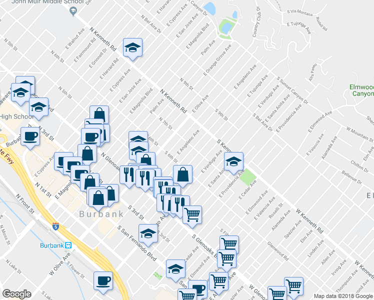 map of restaurants, bars, coffee shops, grocery stores, and more near 614 East Angeleno Avenue in Burbank