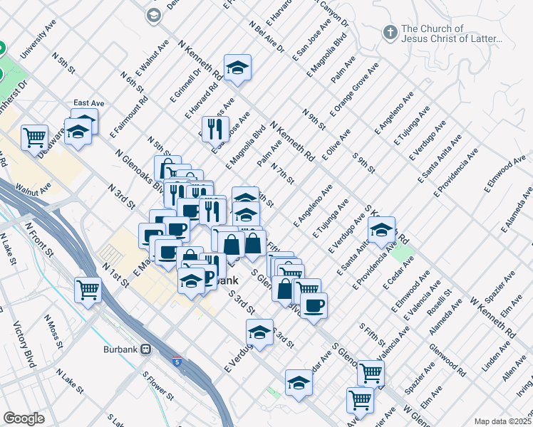 map of restaurants, bars, coffee shops, grocery stores, and more near 521 East Olive Avenue in Burbank