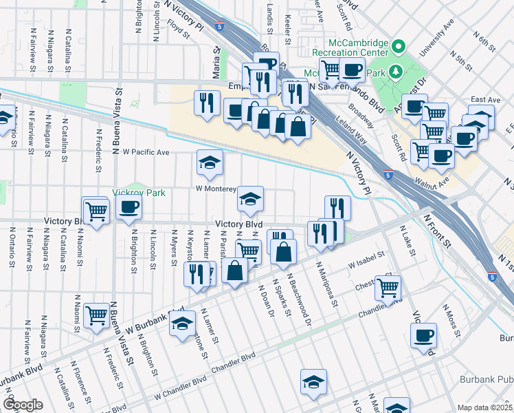 map of restaurants, bars, coffee shops, grocery stores, and more near 1210 North Reese Place in Burbank