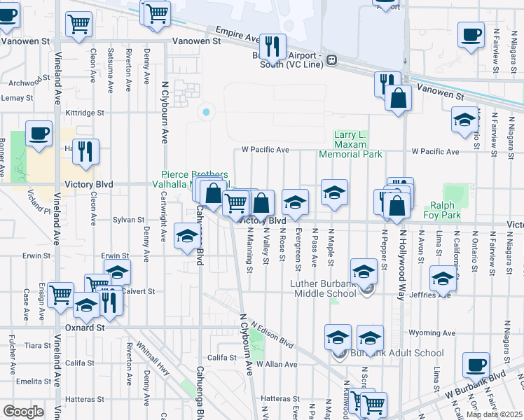 map of restaurants, bars, coffee shops, grocery stores, and more near 2100 North Valley Street in Burbank