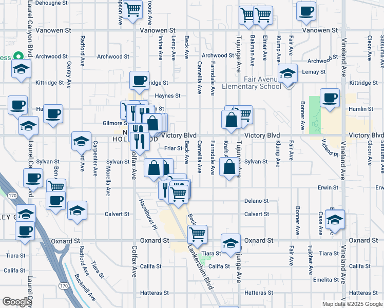 map of restaurants, bars, coffee shops, grocery stores, and more near 6302 Beck Avenue in Los Angeles