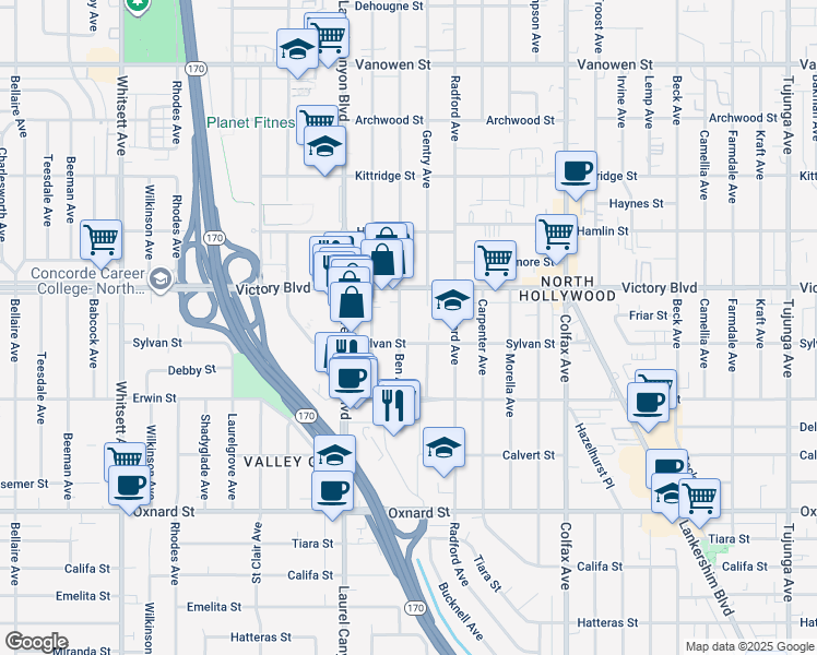 map of restaurants, bars, coffee shops, grocery stores, and more near 6261 Gentry Avenue in Los Angeles