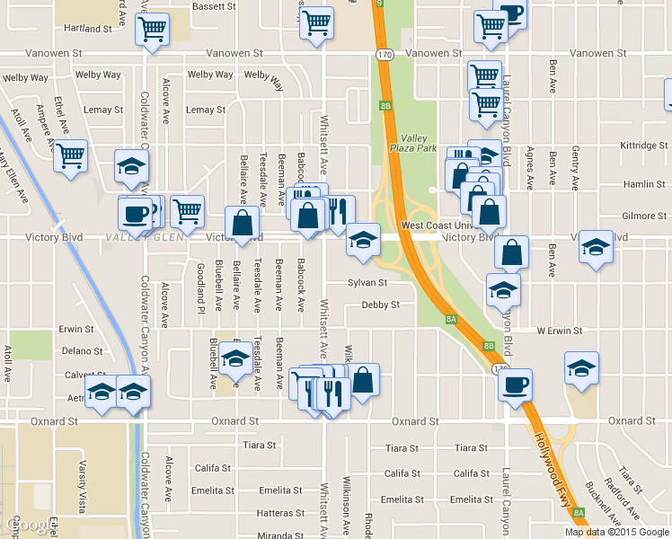 map of restaurants, bars, coffee shops, grocery stores, and more near 12425 Sylvan Street in Los Angeles