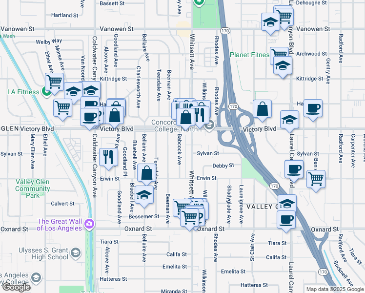 map of restaurants, bars, coffee shops, grocery stores, and more near 6301 Whitsett Avenue in Los Angeles