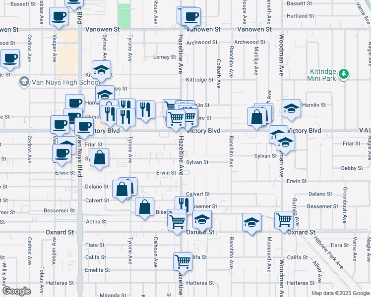 map of restaurants, bars, coffee shops, grocery stores, and more near 6311 Hazeltine Avenue in Los Angeles