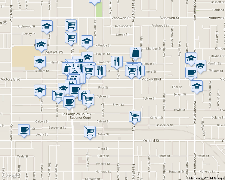 map of restaurants, bars, coffee shops, grocery stores, and more near 14225 Sylvan Street in Los Angeles