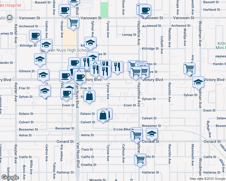 map of restaurants, bars, coffee shops, grocery stores, and more near 14225 Sylvan Street in Los Angeles