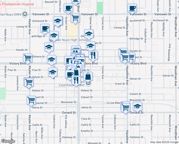 map of restaurants, bars, coffee shops, grocery stores, and more near 14431 Sylvan Street in Los Angeles