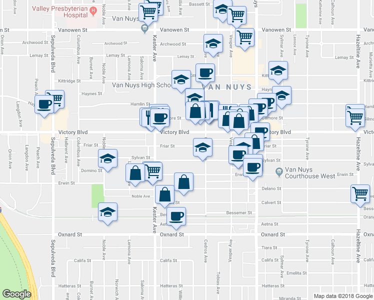 map of restaurants, bars, coffee shops, grocery stores, and more near 14753 Sylvan Street in Los Angeles