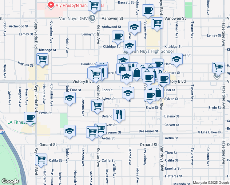 map of restaurants, bars, coffee shops, grocery stores, and more near 14753 Sylvan Street in Los Angeles