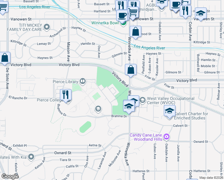 map of restaurants, bars, coffee shops, grocery stores, and more near 20232-20380 Victory Blvd in Los Angeles