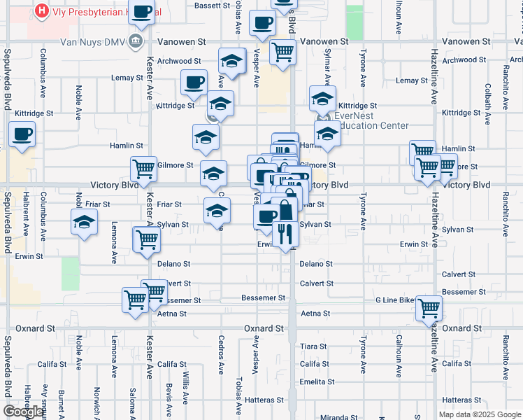 map of restaurants, bars, coffee shops, grocery stores, and more near 14554 Friar Street in Los Angeles