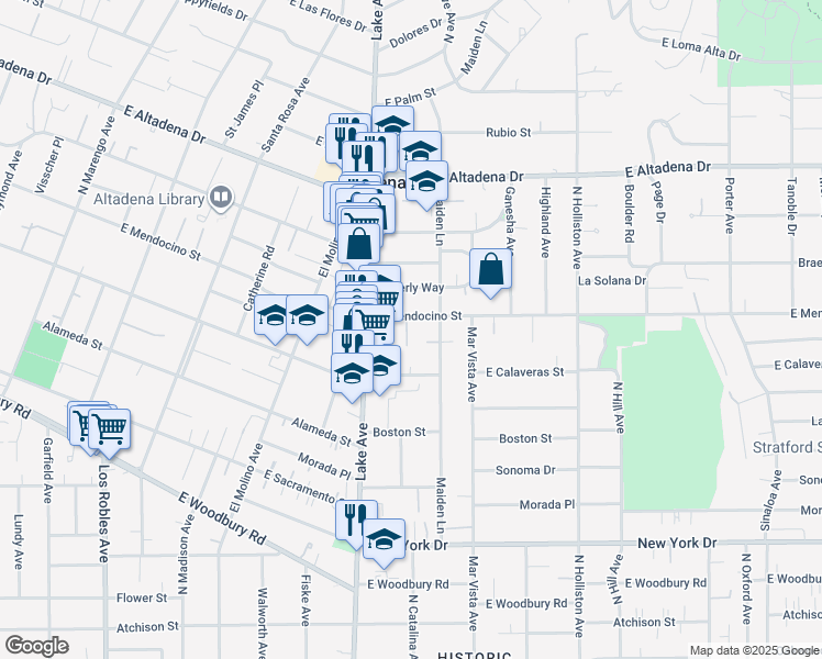 map of restaurants, bars, coffee shops, grocery stores, and more near 2272 Norwic Place in Altadena
