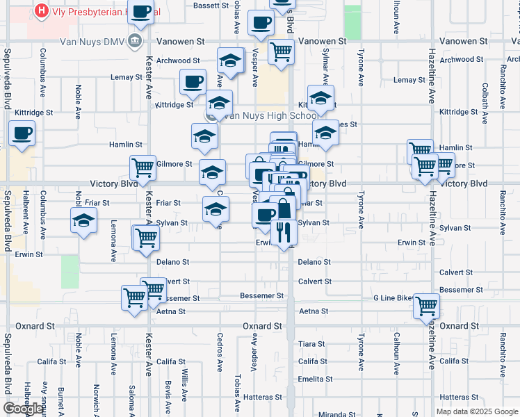 map of restaurants, bars, coffee shops, grocery stores, and more near 14554 Friar Street in Los Angeles