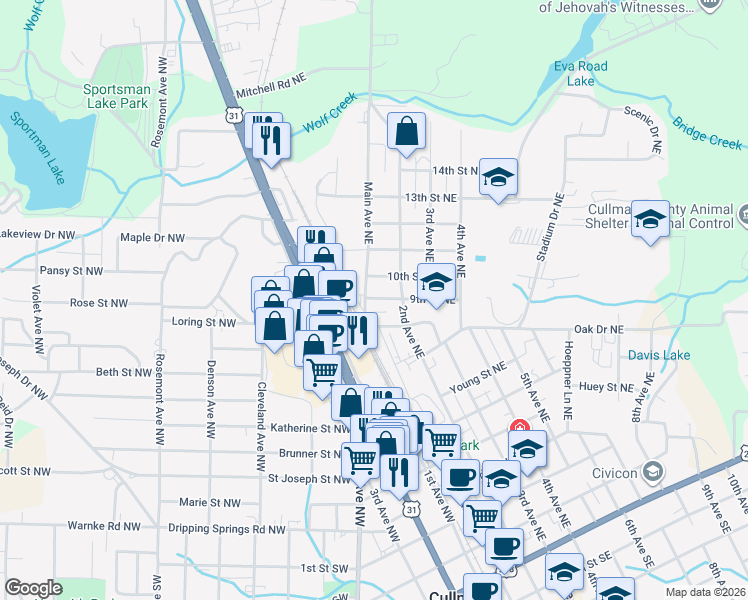 map of restaurants, bars, coffee shops, grocery stores, and more near 802 Main Avenue Northeast in Cullman
