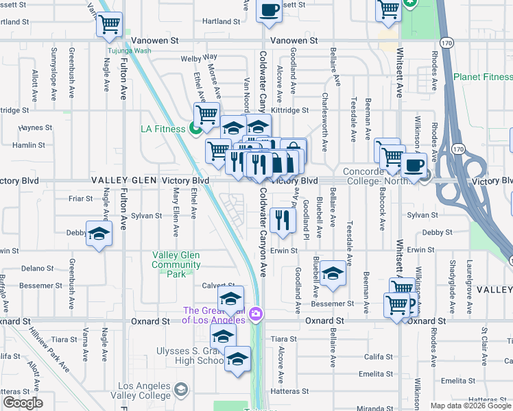 map of restaurants, bars, coffee shops, grocery stores, and more near 6301 Coldwater Canyon Avenue in Los Angeles