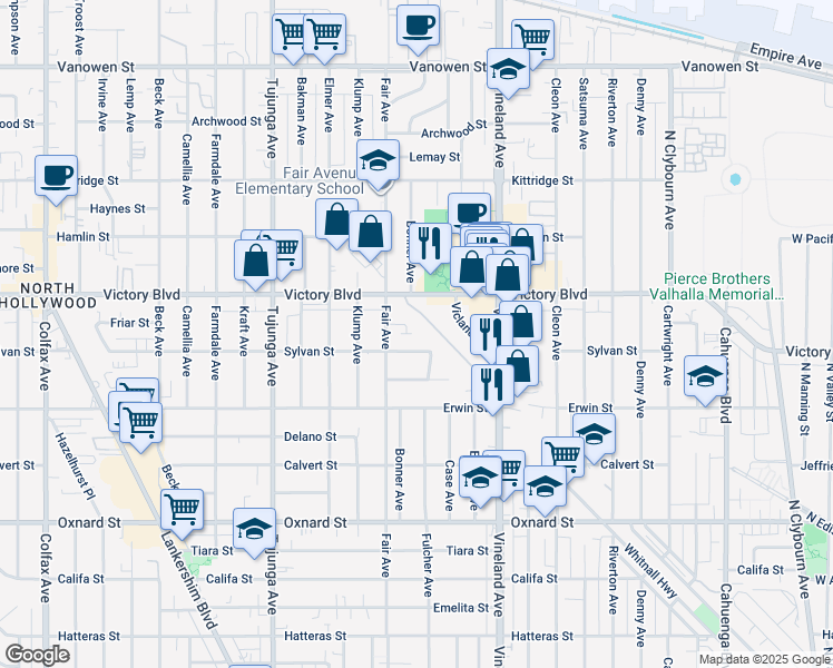 map of restaurants, bars, coffee shops, grocery stores, and more near 11143 Laughlin Lane in Los Angeles